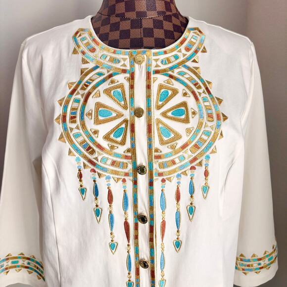 Bob Mackie Aztec Jacket Womens Large White Embroidered Blouse Southwestern Boho